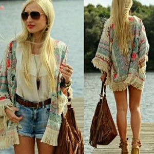 Floral fringe kimono